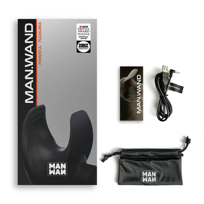 Everything included with the Man Wand. This includes the instructions, a drawstring bag, and the charging cable. | Kinkly Shop