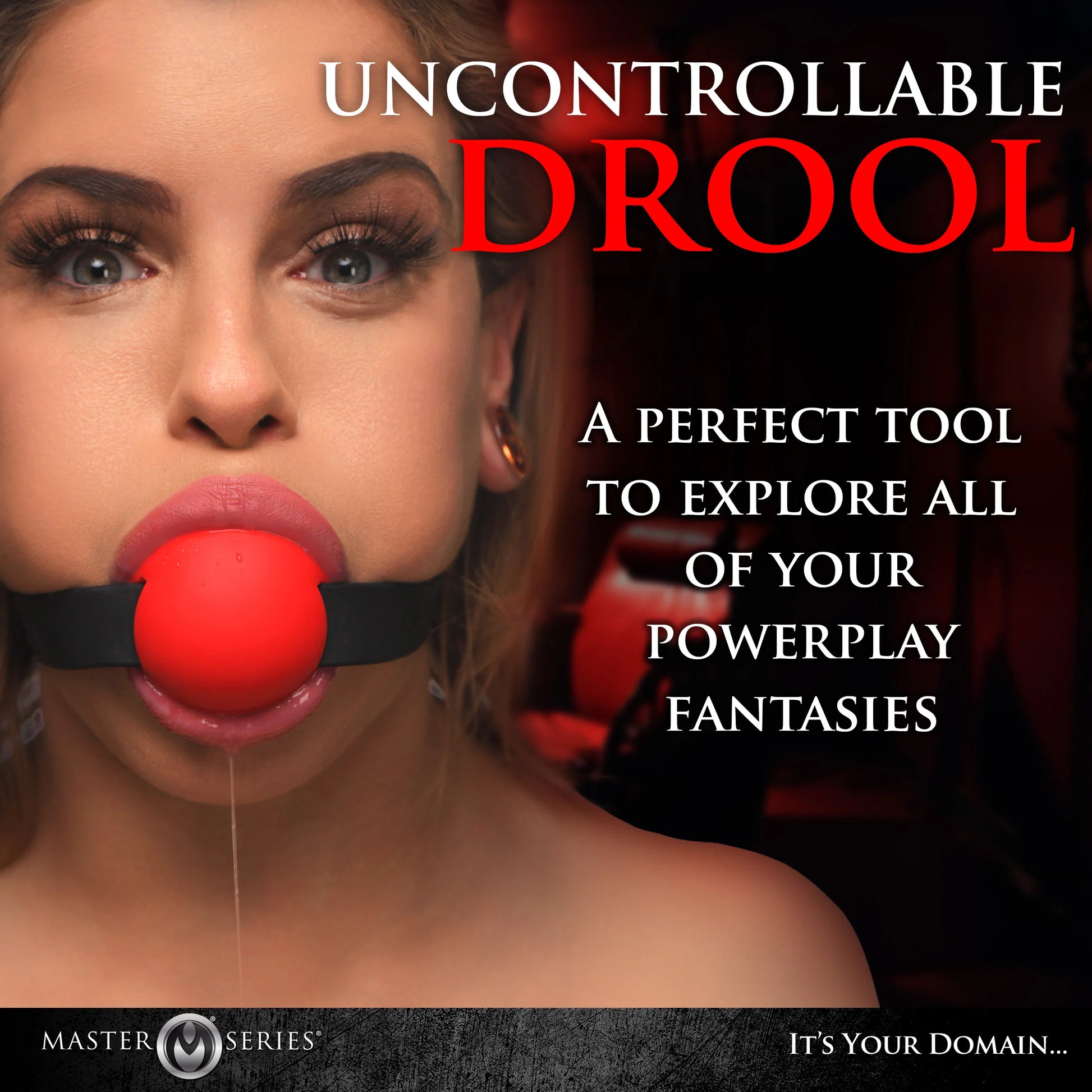 A person is wearing the Master Series Gag Order while they drool. Text on the image reads: Uncontrollable drool. A perfect tool to explore all of your powerplay fantasies. | Kinkly Shop