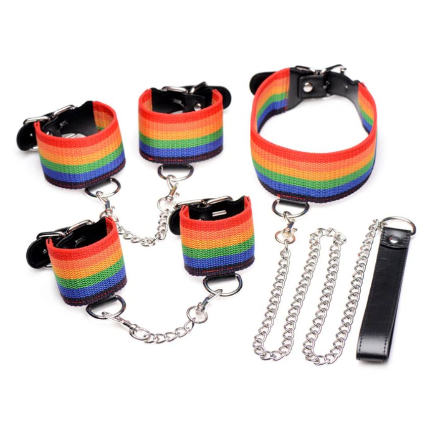 Everything included in the Master Series Kinky Pride Rainbow Bondage Set. There's the two wrist cuffs, the two ankle cuffs, the collar, two double-ended clips, and a chain leash. | Kinkly Shop