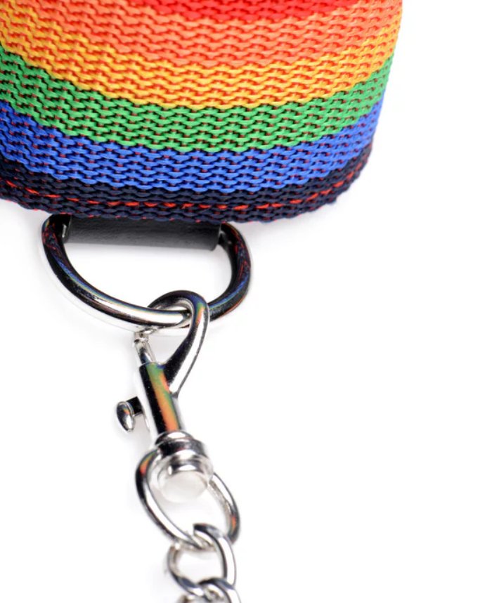 Close-up up of the D-ring that's attached to the front of the nylon bondage gear. | Kinkly Shop