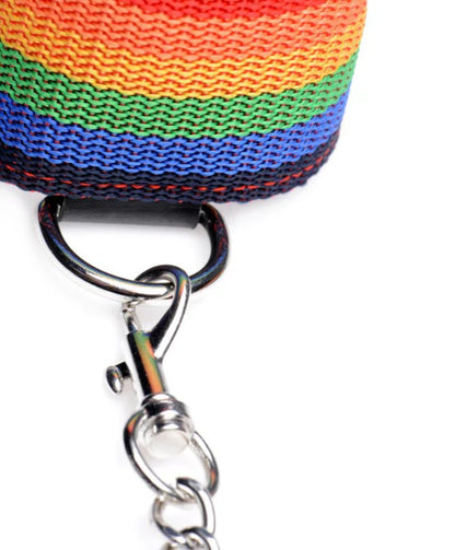 Close-up up of the D-ring that's attached to the front of the nylon bondage gear. | Kinkly Shop