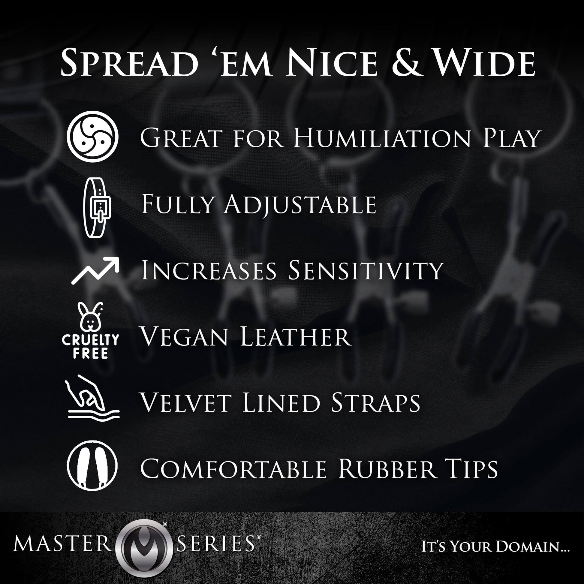 Text image describing the Master Series Labia Spreader with Clamps. Text reads: "Great for humiliation play. Fully adjustable. Increases sensitivity. Vegan leather. Velvet lined straps. Comfortable rubber tips." | Kinkly Shop