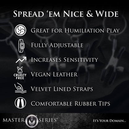 Text image describing the Master Series Labia Spreader with Clamps. Text reads: "Great for humiliation play. Fully adjustable. Increases sensitivity. Vegan leather. Velvet lined straps. Comfortable rubber tips." | Kinkly Shop