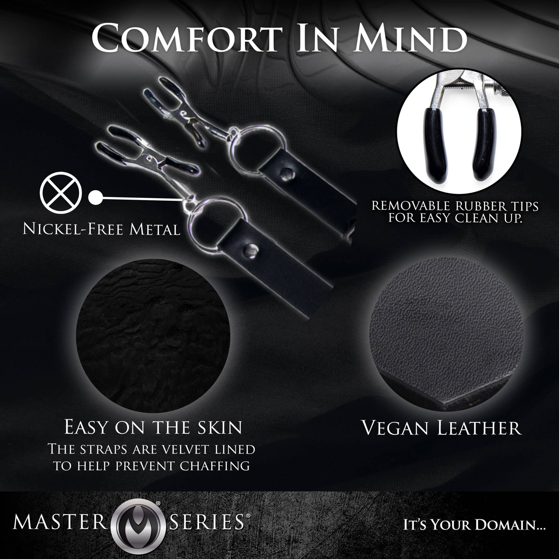 Collage of different features of the Master Series Labia Spreader with Clamps. Text and images showcase: "Nickel-free metal. Removable rubber tips for easy clean up. Easy on the skin. The straps are velvet-lined to prevent chaffing. Vegan leather." | Kinkly Shop