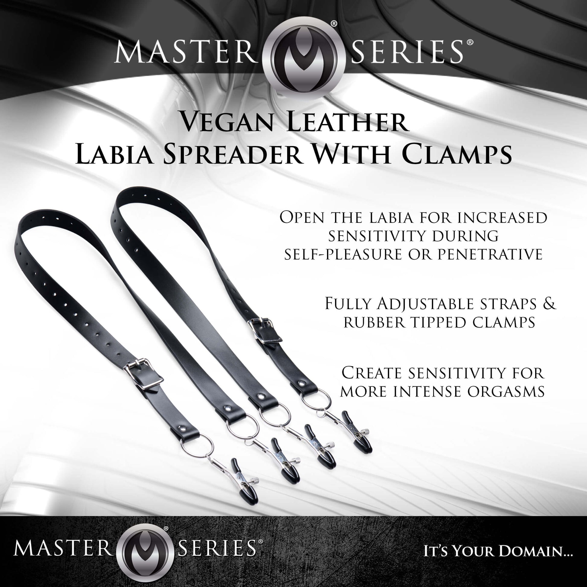 Text next to an image of the Master Series Labia Spreader with Clamps. Text includes: "Open the labia for increased sensitivity during self-pleasure or penetration. Fully-adjustable straps & rubber tipped clamps. Create sensitivity for more intense orgasms." | Kinkly Shop