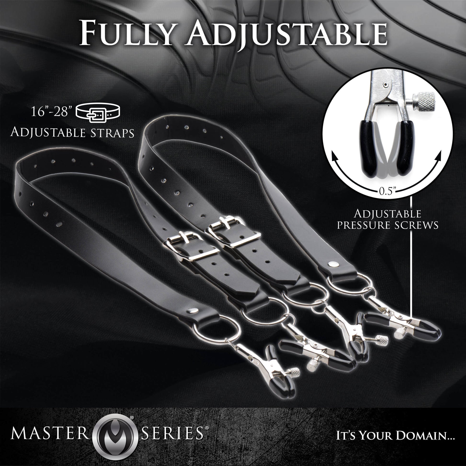 Image of the Master Series Labia Spreader with Clamps with a close-up on the adjustable width tips of the clamps. Text reads: "Fully adjustable. Adjustable pressure screws. 16" - 28" Adjustable Straps." | Kinkly Shop