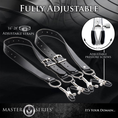 Image of the Master Series Labia Spreader with Clamps with a close-up on the adjustable width tips of the clamps. Text reads: "Fully adjustable. Adjustable pressure screws. 16" - 28" Adjustable Straps." | Kinkly Shop