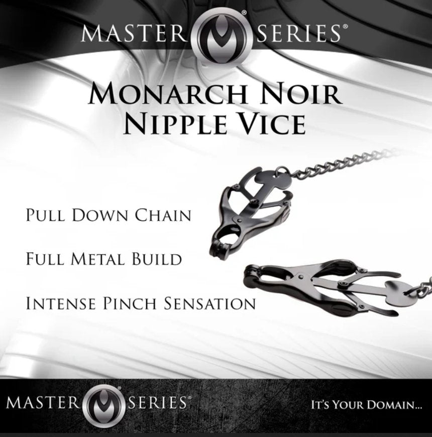 A picture of the Master Series Monarch Noir clamps next to text about the clamps. Text reads: "Pull down chain. Full metal build. Intense pinch sensation." | Kinkly Shop