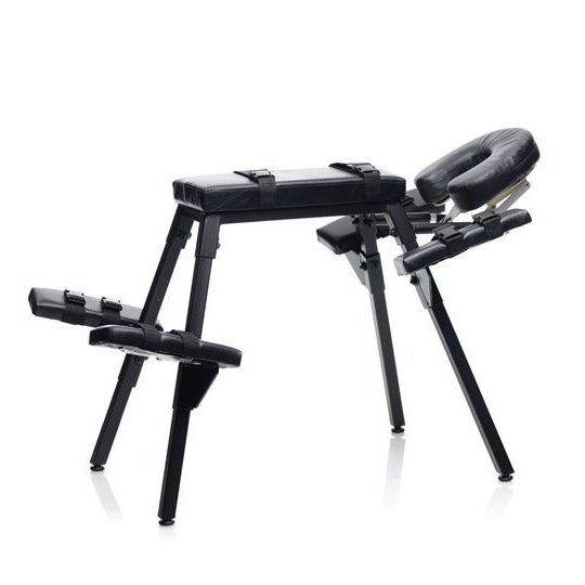 The Master Series Obedience Extreme Sex Bench in front of a white background. All of the fastening straps are fastened tightly and resting snugly against their padded surfaces. | Kinkly Shop
