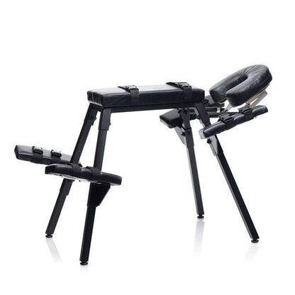 The Master Series Obedience Extreme Sex Bench in front of a white background. All of the fastening straps are fastened tightly and resting snugly against their padded surfaces. | Kinkly Shop