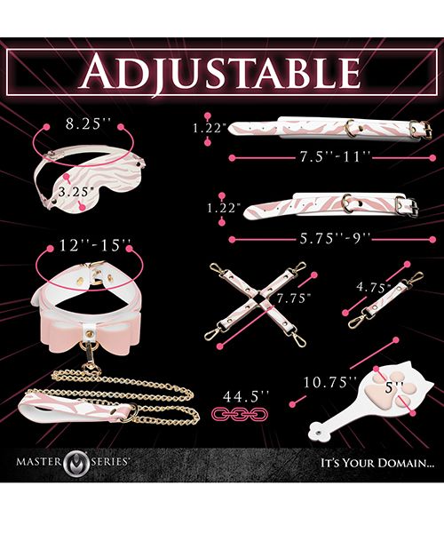 All of the items within the Master Series Pink Kitty Bondage Set laid out on a black background. Measurements of all of the items are superimposed over the images of the items. All product dimensions are included within the text of the product page. | Kinkly Shop