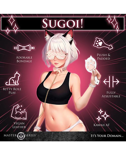 An illustrated anime character in the center of the image, wearing the blindfold, collar, and leash. They're holding the kitty cat paddle. Text on the image reads: "Adorable bondage, plush & padded, kitty role play, vegan leather, fully adjustable, kawaii AF" | Kinkly Shop