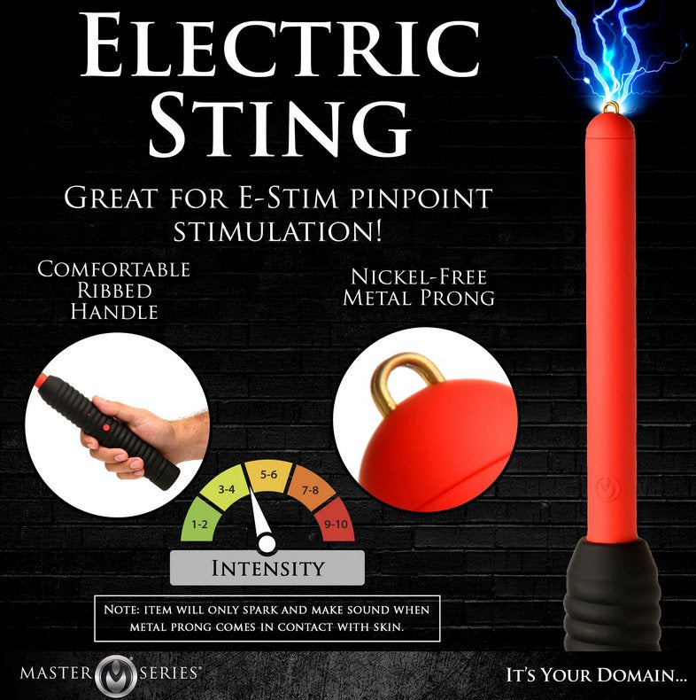 Collage image for the Master Series Spark Rod. Text reads: "Electric sting. great for e-stim pinpoint stimulation. Comfortable ribbed handle. Nickel-free metal prong. Intensity is 4-5 on a scale of 10. Item will only spark and make sound when metal prong comes in contact with skin." | Kinkly Shop