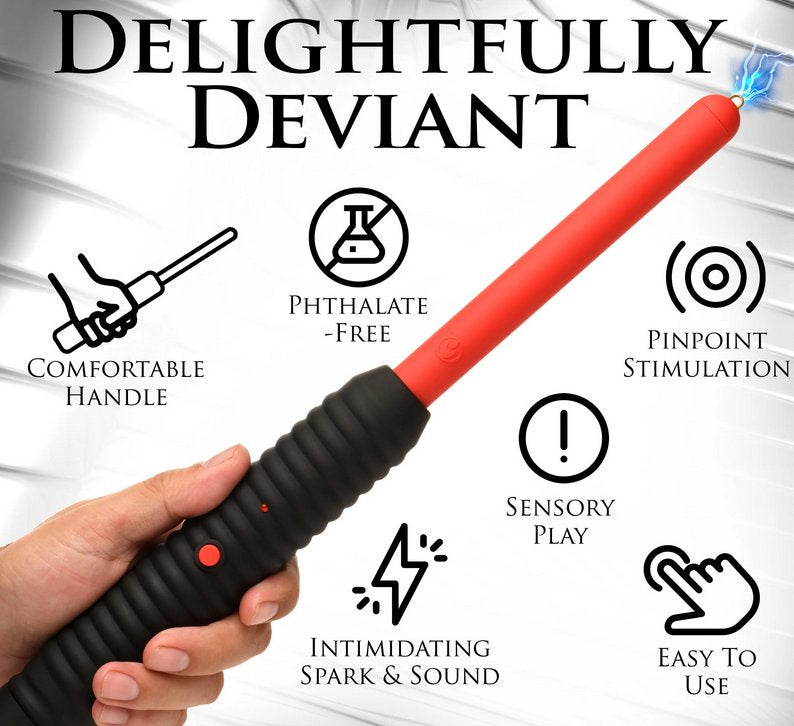 Feature image for the Master Series Spark Rod showcases the features of the toy. Text on the image includes: "Comfortable handle. Phthalate-free. Pinpoint stimulation. Sensory play. Intimidating spark and sound. Easy to use." | Kinkly Shop
