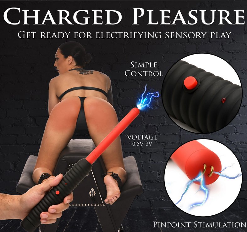 A person is bent over on a sex furniture bench. Their butt is red. Someone is in the foreground holding the Master Series Spark Rod. Text on the image reads "Charged pleasure. Get ready for electrifying sensory play. Simple control. Voltage 0.5V to 3V. Pinpoint stimulation." | Kinkly Shop
