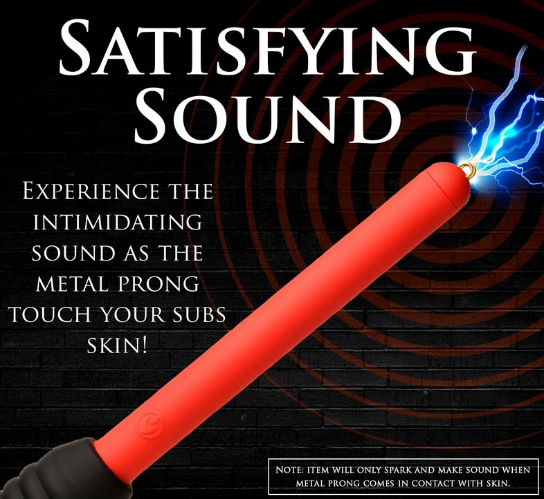 The Master Series Spark Rod is shown with sparks on the tip. Text on the image reads: "Satisfying sound. Experience the intimidating sound as the metal prongs touch your sub's skin." | Kinkly Shop