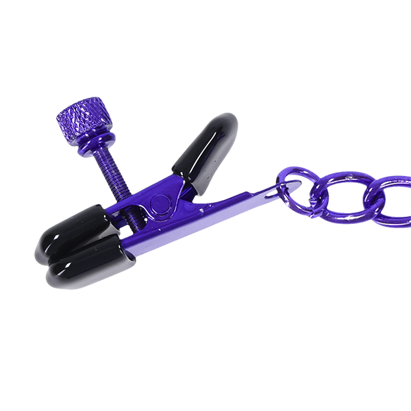 Close-up of one of the clamps of the Merci Chained Up. It is a color-matched purple and has rubbed tips. | Kinkly