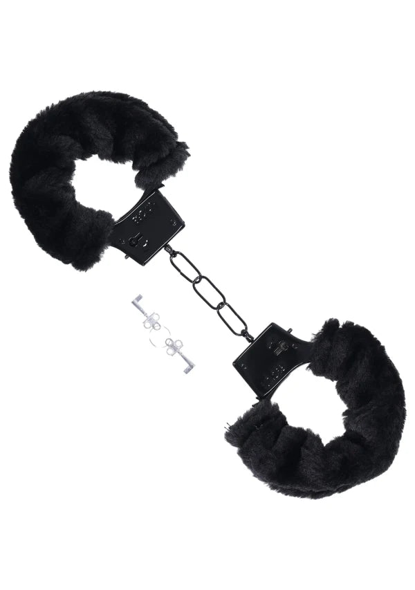 The Merci Fluff Cuffs laid flat, showcasing the faux fur wrist design with two matching, included keys. | Kinkly Shop