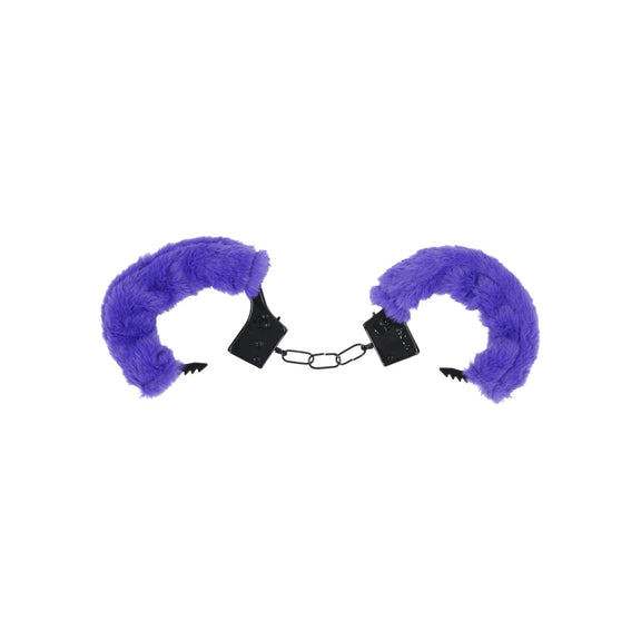 Merci Fluff Cuffs laid out flat and open, showcasing their standard metal handcuff design. | Kinkly Shop