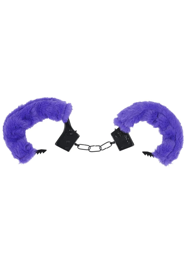 Merci Fluff Cuffs laid out flat and open, showcasing their standard metal handcuff design. | Kinkly Shop