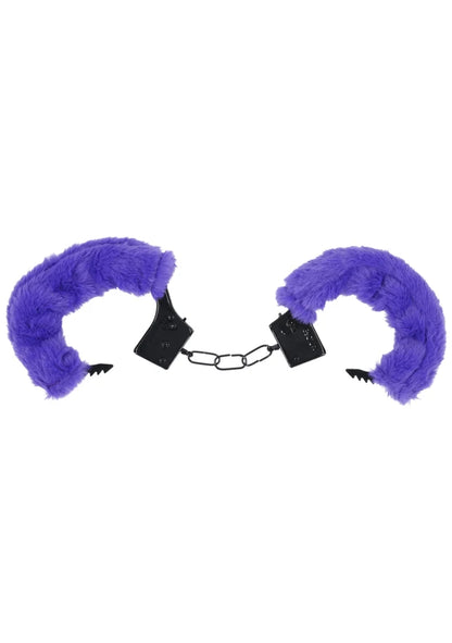 Merci Fluff Cuffs laid out flat and open, showcasing their standard metal handcuff design. | Kinkly Shop