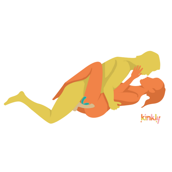 Sex position illustration. A couple is embracing in Missionary position. An X-Ray of between their bodies showcases that they're using the U-shaped vibrator between the two of them. One end of the vibrator is slid inside the receiver alongside the penis while the other end of the vibrator is pressing externally on the clitoris. | Kinkly Shop