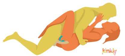 Sex position illustration. A couple is embracing in Missionary position. An X-Ray of between their bodies showcases that they're using the U-shaped vibrator between the two of them. One end of the vibrator is slid inside the receiver alongside the penis while the other end of the vibrator is pressing externally on the clitoris. | Kinkly Shop