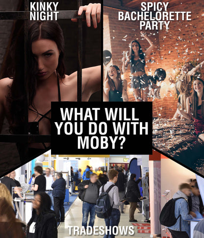 Collage of images reads: "What will you do with Moby? Kinky night. Spicy bachelorette party. Tradeshows. | Kinkly Shop