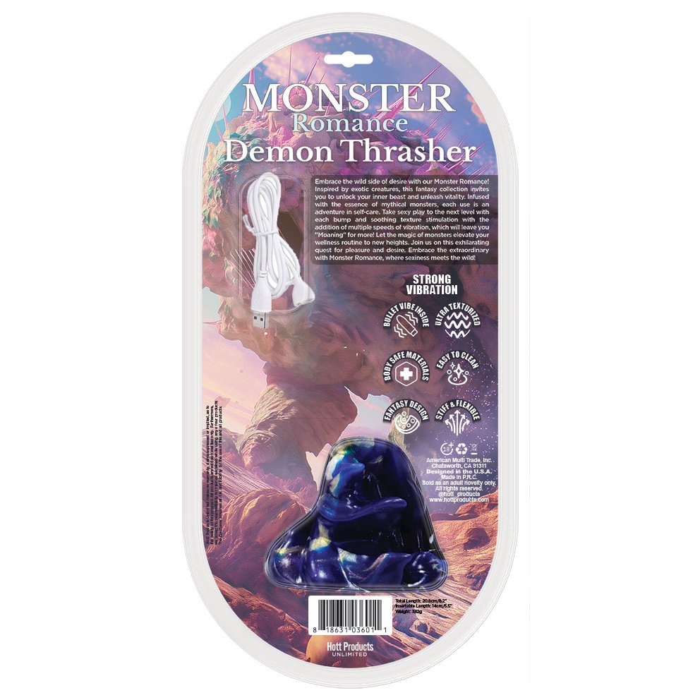 Backside of the packaging of the Monster Romance Vibrating Demon Thrasher | Kinkly Shop
