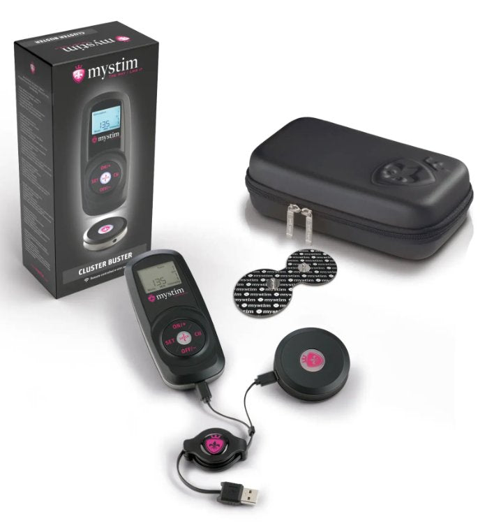The Mystim Cluster Buster Starter Kit with everything it comes with. The Mystim Cluster Buster Starter Kit is shown plugged into the charging cable with the Cluster Buster plugged into one cord and the Sultry Sub plugged into another. The snap-in electrode is also shown along with the zippered storage case to store it all in. | Kinkly Shop