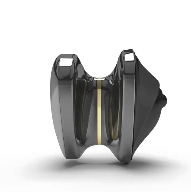 Side view of the Mystim Heart's Desire showcases the thinner, inner plastic diameter that allows the sex toy to anchor and "stay" in-between two fingers for use. | Kinkly Shop