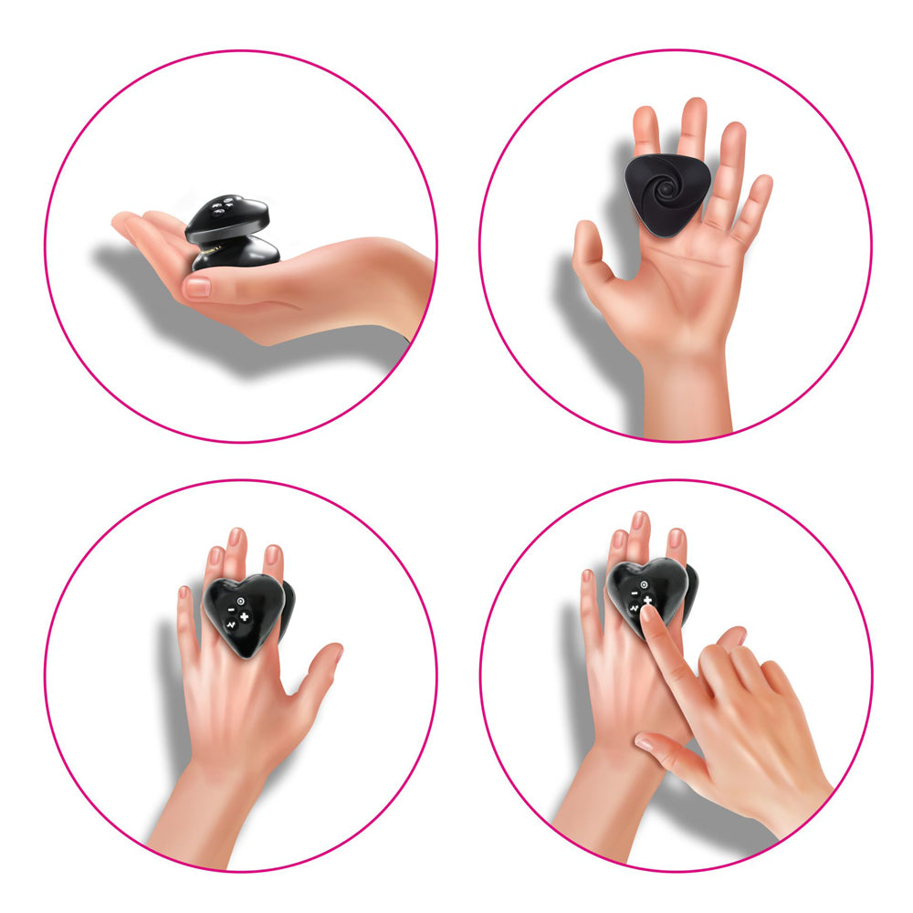 Collage for four images showing a hand using the Mystim Heart's Desire. The Mystim Heart's Desire is surprisingly portable, easily fitting between two fingers on the hand and taking up slightly more than three-fingers-width of space while slid between the fingers. A flat hand can hold the Mystim Heart's Desire without needing to curl the fingers. | Kinkly Shop