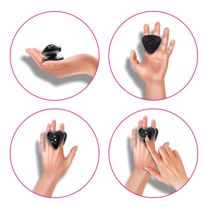 Collage for four images showing a hand using the Mystim Heart's Desire. The Mystim Heart's Desire is surprisingly portable, easily fitting between two fingers on the hand and taking up slightly more than three-fingers-width of space while slid between the fingers. A flat hand can hold the Mystim Heart's Desire without needing to curl the fingers. | Kinkly Shop