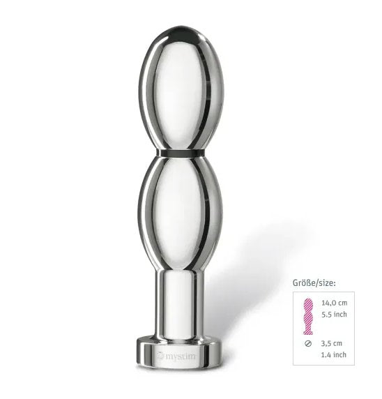 A straight-on image of the Mystim O(h!)-Thello with the dildo's measurements shown in the lower right-hand corner. All measurements are in the product description text. | Kinkly Shop