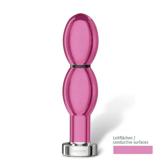 Hash marks superimposed overtop of the Mystim O(h!)-Thello dildo showcase the conductive surfaces of the dildo. The entire insertable portion of the dildo is conductive. | Kinkly Shop
