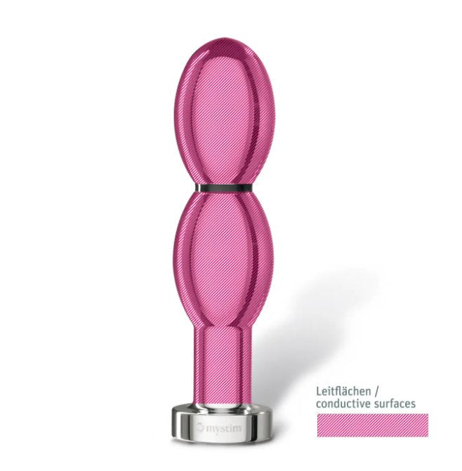 Hash marks superimposed overtop of the Mystim O(h!)-Thello dildo showcase the conductive surfaces of the dildo. The entire insertable portion of the dildo is conductive. | Kinkly Shop