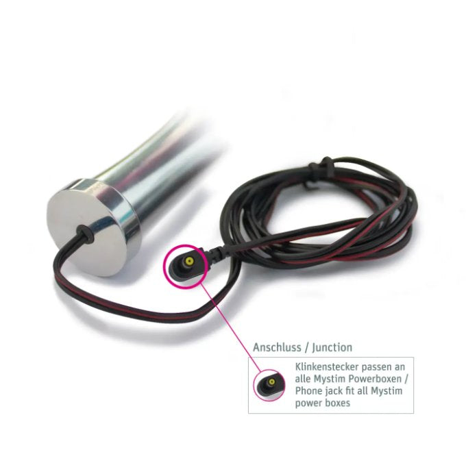 Close-up of the base of the Mystim O(h!)-Thello dildo showcases the cord that runs out the bottom. This phone jack-style corner fits into all Mystim Power Boxes to power the electrosex capabilities of the Mystim O(h!)-Thello dildo. | Kinkly Shop