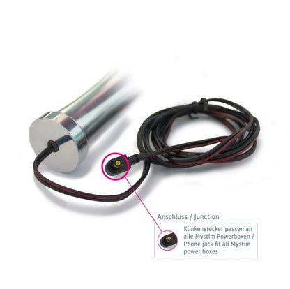 Close-up of the base of the Mystim O(h!)-Thello dildo showcases the cord that runs out the bottom. This phone jack-style corner fits into all Mystim Power Boxes to power the electrosex capabilities of the Mystim O(h!)-Thello dildo. | Kinkly Shop