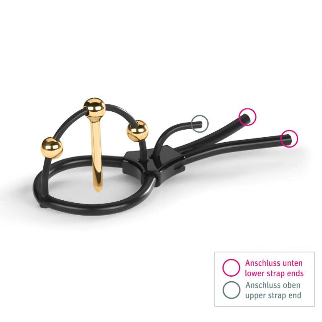 The Mystim Plunging Pete w/Corona Strap & Urethral Sound against a plain white background. Two circles point out the lower strap ends of the thicker, base strap of the toy. A gray circle points out the upper straps' end. Tugging on these straps will allow the user to adjust how tightly the Mystim Plunging Pete w/Corona Strap & Urethral Sound fits | Kinkly Shop