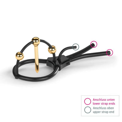 The Mystim Plunging Pete w/Corona Strap & Urethral Sound against a plain white background. Two circles point out the lower strap ends of the thicker, base strap of the toy. A gray circle points out the upper straps' end. Tugging on these straps will allow the user to adjust how tightly the Mystim Plunging Pete w/Corona Strap & Urethral Sound fits | Kinkly Shop