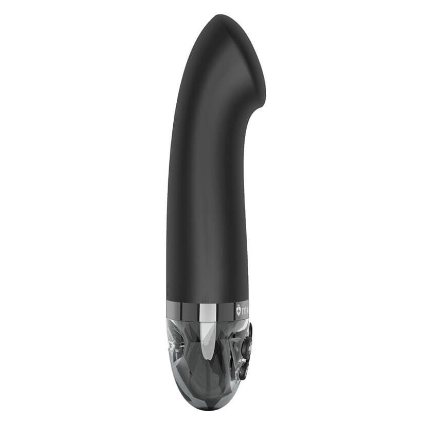 Mystim Right on Ron against a plain white background. The estim vibrator looks short and stout with a curved tip with a broad, flat head to nestle up against the g-spot. All of the buttons are located at the base of the vibrator. | Kinkly Shop