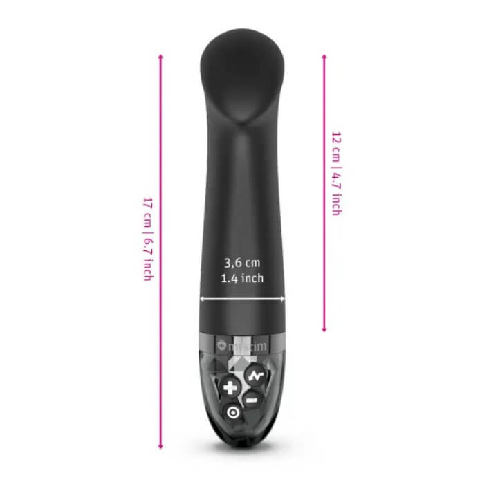 The Mystim Right on Ron with measurements superimposed over its image. All measurements can be found within the product page text. | Kinkly Shop