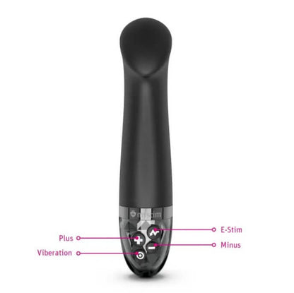 Mystim Right on Ron shown with the four control buttons on the base labeled. There are four buttons in sideways, diamond-like pattern placement. There's a Plus Button, Minus Button, e-Stim button, and Vibration button. | Kinkly Shop