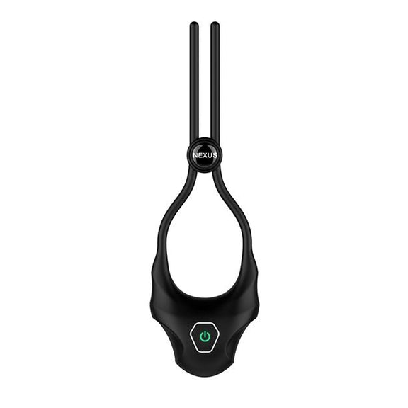 Nexus Forge Lasso Vibrating Ring up against a white background. There's a single green-backlit power button on the base of the Nexus Forge Lasso Vibrating Ring. | Kinkly Shop