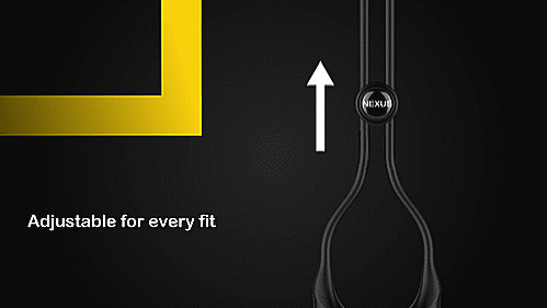 GIF shows the adjustable bead on the Nexus Forge Lasso Vibrating Ring being moved up and down the Lasso cock ring. This loosens and tightens the ring for a perfect fit. The text on the GIF reads "Adjustable for every fit". | Kinkly Shop