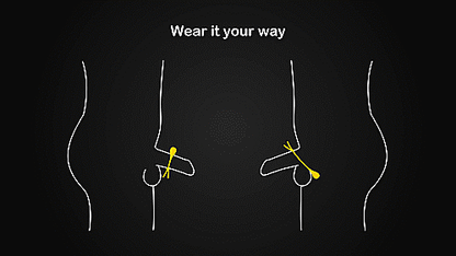 Two illustrated penises are shown next to one another, each wearing the Nexus Forge Lasso Vibrating Ring. The text reads "Wear it Your Way". One of the penises is wearing the Lasso underneath the penis and testicles while the other penis is wearing it on top of the testicles but at the base of the shaft. | Kinkly Shop