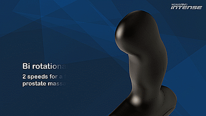 GIF showcasing the rotating tip at the tip of the Nexus Revo Intense. Text reads: Bi rotational shaft. 2 speeds for a firm prostate massage. | Kinkly Shop