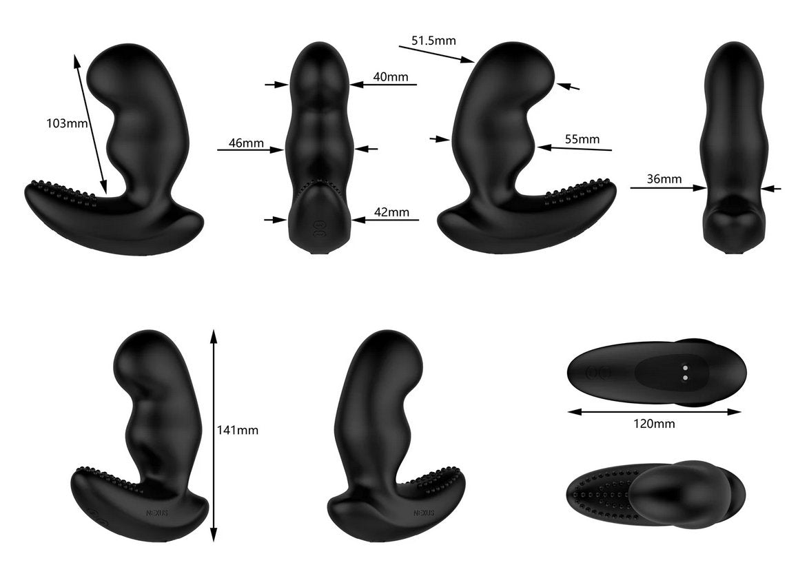 Different angles of the Nexus Ride Extreme with text superimposed over the image to showcase different measurements on the different spots of the plug. All measurements can be found within the text of the product description. | Kinkly Shop