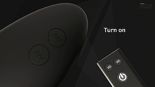GIF showcases the remote being held next to the base of the prostate massager. A button is pressed on the remote, and the backlit LED buttons of the plug illuminate. Text on the GIF reads "Turn on." | Kinkly Shop