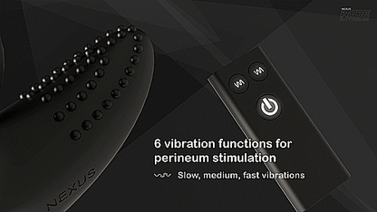 GIF shows a moving close-up of the textured nodules on the perineum base of the massager. Text on the GIF reads "6 vibration functions for perineum stimulation. Slow, medium, fast vibrations." | Kinkly Shop